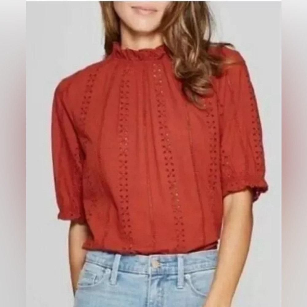 Universal Thread Eyelet Lace Ruffle Short Sleeve Blouse Burnt Orange - Picture 5 of 15